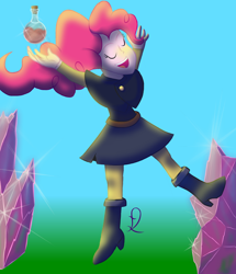 Size: 1120x1300 | Tagged: safe, artist:lukasz, pinkie pie, human, equestria girls, g4, bottle, clothes, clothes swap, eyes closed, open mouth, potions track, school uniform, smiling, the owl house