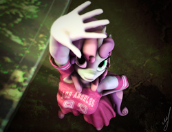 Size: 2808x2160 | Tagged: safe, artist:retro0range, sweetie belle, unicorn, anthro, g4, 3d, clothes, dress, forest, green eyes, hand, high angle, high res, road, shoes, skirt, sneakers, solo, source filmmaker
