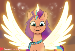 Size: 4000x2731 | Tagged: safe, artist:frownfactory, edit, edited screencap, screencap, sunny starscout, alicorn, pony, firework-ing together, g5, my little pony: tell your tale, spoiler:g5, spoiler:my little pony: tell your tale, spoiler:tyts01e42, bag, female, glowing, glowing horn, glowing wings, horn, mane stripe sunny, mare, particles, race swap, saddle bag, simple background, smiling, solo, sunnycorn, vector, wings