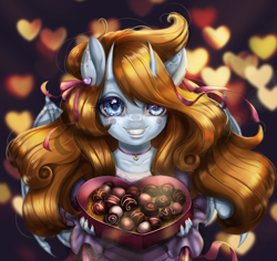Size: 1990x1877 | Tagged: safe, artist:mdwines, oc, oc:raven eve'hart, anthro, big eyes, bust, candy, collar, commission, cute, food, hearts and hooves day, holiday, portrait, present, redhead, romantic, smiling, solo, valentine's day, ych result