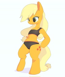 Size: 1736x2048 | Tagged: dead source, safe, artist:cheesesauce_45, applejack, earth pony, semi-anthro, g4, arm hooves, belly, belly button, clothes, female, panties, simple background, solo, sports bra, underwear, white background