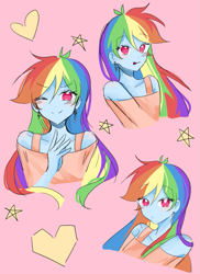 Size: 601x827 | Tagged: safe, artist:rainn__1026, rainbow dash, human, equestria girls, g4, bust, clothes, heart, one eye closed, pink background, simple background, smiling, solo, wink
