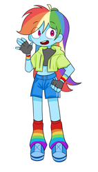 Size: 457x805 | Tagged: safe, artist:rainn__1026, rainbow dash, human, equestria girls, g4, clothes, cute, fingerless gloves, gloves, midriff, rainbow socks, shorts, simple background, smiling, socks, solo, standing, striped socks, white background