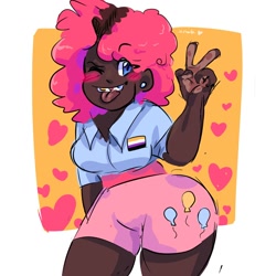Size: 1080x1080 | Tagged: safe, artist:dmitrymemovznok, pinkie pie, human, equestria girls, g4, clothes, dark skin, heart, nonbinary pride flag, one eye closed, peace sign, pride, pride flag, smiling, solo, tongue out, wink