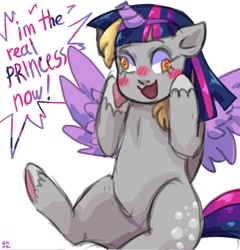 Size: 983x1024 | Tagged: safe, artist:dmitrymemovznok, derpy hooves, pegasus, pony, g4, alicorn costume, blushing, clothes, costume, fake horn, fake wings, nightmare night costume, open mouth, open smile, palindrome get, simple background, sitting, smiling, solo, text, toilet paper roll horn, twilight muffins, white background, wig