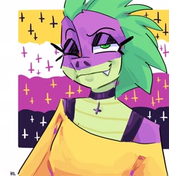 Size: 1966x2048 | Tagged: safe, artist:dmitrymemovznok, spike, dragon, anthro, cutiemarks (and the things that bind us), nonexistent meet-cute [idlyam], g4, clothes, cross, eyeshadow, inverted cross, lidded eyes, makeup, nonbinary pride flag, one eye closed, pride, pride flag, smiling, smirk, solo, vylet pony, wink