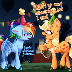 Size: 1280x1280 | Tagged: safe, artist:galaxy swirl, applejack, rainbow dash, earth pony, pegasus, pony, g4, blushing, cider, drunk, female, hat, mare, open mouth, open smile, party hat, smiling, taunting, teenager