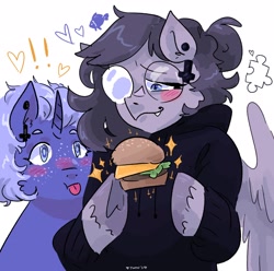 Size: 2048x2033 | Tagged: safe, artist:dmitrymemovznok, oc, oc only, oc:can opener, oc:vylet, pegasus, unicorn, semi-anthro, fish whisperer, :p, arm hooves, blushing, burger, clothes, cross, duo, excited about burger, food, glasses, heart, high res, inverted cross, round glasses, tongue out, vylet pony