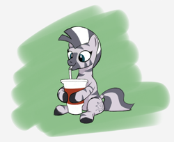 Size: 1476x1206 | Tagged: safe, artist:anonymous, zecora, zebra, g4, /mlp/, cup, cute, drink, drinking, female, filly, filly zecora, foal, sitting, smiling, soda, solo, younger, zecorable