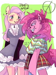 Size: 1519x2048 | Tagged: safe, artist:dmitrymemovznok, fluttershy, pinkie pie, anthro, g4, arm hooves, blushing, clothes, cross, dress, duo, ear piercing, female, inverted cross, lip piercing, nose piercing, piercing, skirt, smiling, text