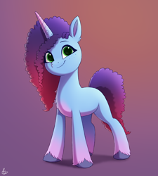 Size: 1800x2000 | Tagged: safe, artist:luminousdazzle, misty, pony, unicorn, g5, my little pony: make your mark, spoiler:g5, alternate color palette, alternate design, alternate hair color, cornrows, curly mane, cute, female, freckles, gradient background, gradient hooves, gradient mane, green eyes, looking at you, mare, mistybetes, smiling, solo, unshorn fetlocks