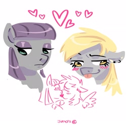 Size: 2048x2033 | Tagged: safe, artist:dmitrymemovznok, derpy hooves, maud pie, earth pony, pegasus, pony, g4, blushing, derpmaud, duo, female, heart, high res, kissing, lesbian, rarepair, shipping, simple background, white background