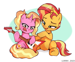 Size: 2545x2106 | Tagged: safe, artist:lummh, luster dawn, sunset shimmer, pony, unicorn, g4, aunt and niece, duo, duo female, female, guitar, high res, hoof hold, implied sunny siblings, luster dawn is starlight's and sunburst's daughter, mare, musical instrument, open mouth, parent:starlight glimmer, parent:sunburst, parents:starburst, signature, sitting, tongue out