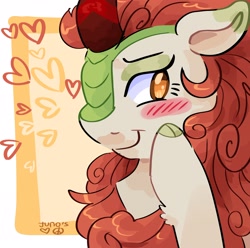 Size: 2048x2033 | Tagged: safe, artist:dmitrymemovznok, autumn blaze, kirin, g4, blushing, cloven hooves, female, heart, high res, no pupils, smiling, solo