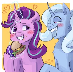 Size: 2048x2033 | Tagged: safe, artist:dmitrymemovznok, starlight glimmer, trixie, pony, unicorn, g4, blushing, burger, duo, female, food, heart, high res, lesbian, magic, ship:startrix, shipping