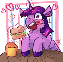 Size: 2048x2033 | Tagged: safe, artist:dmitrymemovznok, twilight sparkle, alicorn, pony, g4, burger, food, glowing, glowing horn, heart, high res, horn, magic, magic aura, smiling, solo, telekinesis, that pony sure does love burgers, twilight burgkle, twilight sparkle (alicorn)