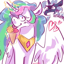 Size: 2048x2033 | Tagged: safe, artist:dmitrymemovznok, princess celestia, princess luna, alicorn, pony, g4, :p, duo, food, frown, heart, high res, ice cream, ice cream cone, licking, magic, solo focus, spread wings, text, tongue out, wings