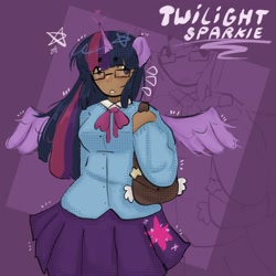 Size: 2048x2048 | Tagged: safe, artist:stanleyiffer, twilight sparkle, alicorn, human, g4, glasses, high res, horn, horned humanization, humanized, satchel, solo, spread wings, twilight sparkle (alicorn), winged humanization, wings