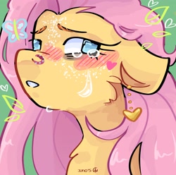 Size: 2048x2033 | Tagged: safe, artist:dmitrymemovznok, fluttershy, pegasus, pony, g4, aside glance, blushing, bust, cheek fluff, crying, ear piercing, earring, female, floppy ears, heart, high res, jewelry, looking at you, mare, no pupils, nose piercing, piercing, portrait, solo, teary eyes, three quarter view