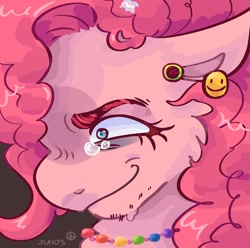 Size: 2048x2033 | Tagged: safe, artist:dmitrymemovznok, pinkie pie, earth pony, pony, g4, angry, crying, high res, piercing, smiley face, solo