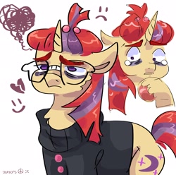 Size: 2048x2033 | Tagged: safe, artist:dmitrymemovznok, moondancer, pony, unicorn, g4, bags under eyes, clothes, floppy ears, glasses, high res, sad, solo, teary eyes