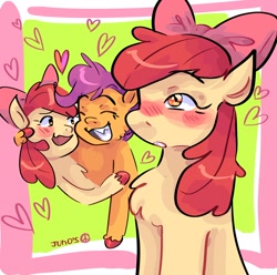 Size: 2048x2033 | Tagged: safe, artist:dmitrymemovznok, apple bloom, scootaloo, sweetie belle, earth pony, pegasus, pony, unicorn, g4, blushing, chest fluff, cutie mark crusaders, female, heart, high res, lesbian, ship:scootabloom, shipping, smiling, trio