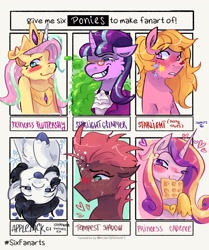 Size: 1715x2048 | Tagged: safe, artist:dmitrymemovznok, applejack (g1), fluttershy, princess cadance, snowfall frost, starlight (g1), starlight glimmer, tempest shadow, alicorn, earth pony, pegasus, pony, unicorn, g4, :p, blushing, clothes, crying, female, food, six fanarts, smiling, tongue out