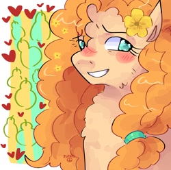 Size: 2048x2033 | Tagged: safe, artist:dmitrymemovznok, pear butter, earth pony, pony, g4, blushing, chest fluff, heart, high res, smiling, solo