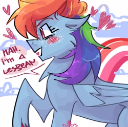 Size: 2048x2033 | Tagged: safe, artist:dmitrymemovznok, rainbow dash, pegasus, pony, g4, blushing, female, heart, high res, lesbean, lesbian, lesbian pride flag, pride, pride flag, solo, text, unshorn fetlocks