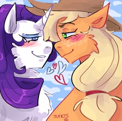 Size: 2048x2033 | Tagged: safe, artist:dmitrymemovznok, applejack, rarity, earth pony, pony, unicorn, g4, blushing, duo, female, heart, high res, lesbian, ship:rarijack, shipping, smiling