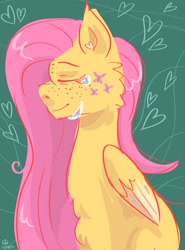 Size: 1519x2048 | Tagged: safe, artist:dmitrymemovznok, fluttershy, pegasus, pony, alternative cutie mark placement, crying, eyes closed, facial cutie mark, fluffy, heart, sitting, smiling, solo