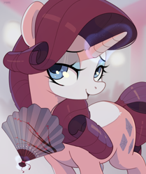 Size: 2028x2423 | Tagged: safe, artist:nookprint, rarity, pony, unicorn, fan, female, glowing, glowing horn, hand fan, horn, lidded eyes, looking at you, magic, mare, signature, solo, telekinesis