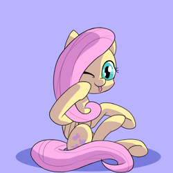 Size: 1200x1200 | Tagged: safe, artist:fakkajohan, fluttershy, pegasus, pony, :p, female, hair over one eye, looking at you, one eye closed, simple background, sitting, solo, tongue out