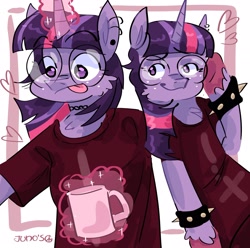 Size: 2048x2033 | Tagged: safe, artist:dmitrymemovznok, twilight sparkle, unicorn, anthro, g4, arm hooves, clothes, ear piercing, fluffy, glasses, heart, high res, horn, magic, mug, piercing, round glasses, shirt, solo, spiked wristband, t-shirt, telekinesis, tongue out, wristband