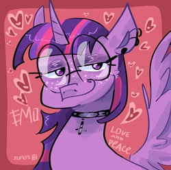 Size: 2048x2033 | Tagged: safe, artist:dmitrymemovznok, twilight sparkle, alicorn, pony, g4, choker, ear piercing, glasses, heart, high res, piercing, round glasses, smiling, smirk, solo, text, twilight sparkle (alicorn)