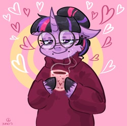 Size: 2048x2033 | Tagged: safe, artist:dmitrymemovznok, twilight sparkle, unicorn, anthro, g4, arm hooves, clothes, floppy ears, glasses, heart, high res, mug, piercing, round glasses, solo, sweater