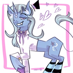Size: 2048x2033 | Tagged: safe, artist:dmitrymemovznok, trixie, pony, unicorn, g4, bowtie, clothes, coat markings, colored ear fluff, colored hooves, cufflinks, facial markings, fangs, freckles, hat, heart, high res, horn, leonine tail, looking at you, raised hoof, shirt, smiling, smiling at you, smirk, smug, socks, solo, star (coat marking), striped horn, striped socks, tail, teeth, thin tail, tiny hat