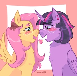 Size: 2048x2033 | Tagged: safe, artist:dmitrymemovznok, fluttershy, twilight sparkle, alicorn, pegasus, pony, unicorn, g4, blushing, chest fluff, duo, ear piercing, female, heart, high res, lesbian, piercing, ship:twishy, shipping, twilight sparkle (alicorn)