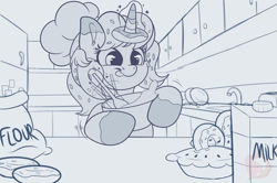 Size: 2100x1397 | Tagged: safe, artist:joaothejohn, oc, oc only, oc:donut daydream, pony, unicorn, baking, commission, cute, donut, flour, food, glowing, glowing horn, horn, kitchen, looking down, magic, magic aura, milk, pie, sketch, solo, telekinesis, tongue out, unicorn oc
