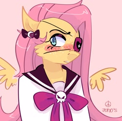 Size: 2048x2033 | Tagged: safe, artist:dmitrymemovznok, fluttershy, pegasus, anthro, g4, blushing, clothes, eyepatch, high res, simple background, solo
