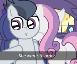 Size: 722x600 | Tagged: safe, artist:lunaticdawn, rumble, sweetie belle, pegasus, pony, unicorn, g4, :>, base used, butt, car, car interior, female, he wants to order, male, meme, older, older rumble, older sweetie belle, plot, selfie, ship:rumbelle, shipping, sitting, straight, sweetie butt, text