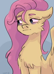 Size: 1519x2048 | Tagged: safe, artist:dmitrymemovznok, fluttershy, pegasus, pony, g4, bags under eyes, bust, chest fluff, female, floppy ears, looking away, looking sideways, mare, partially open wings, sitting, solo, stray strand, three quarter view, tired, wings