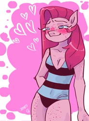 Size: 1519x2048 | Tagged: safe, artist:dmitrymemovznok, pinkie pie, earth pony, anthro, g4, blushing, clothes, female, freckles, heart, one-piece swimsuit, pinkamena diane pie, smiling, solo, swimsuit