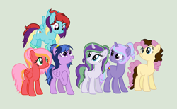 Size: 1024x630 | Tagged: safe, artist:katsubases, artist:lunaapple, oc, oc only, oc:apple rose, oc:asra, oc:cheesecake pie, oc:galaxy, oc:genessa sparkle, oc:rainbow breeze, dracony, earth pony, hybrid, pegasus, pony, unicorn, earth pony oc, female, green background, horn, interspecies offspring, magical lesbian spawn, mare, next generation, offspring, parent:big macintosh, parent:cheese sandwich, parent:flash sentry, parent:fluttershy, parent:pinkie pie, parent:rainbow dash, parent:rarity, parent:spike, parent:starlight glimmer, parent:trixie, parent:twilight sparkle, parent:zephyr breeze, parents:cheesepie, parents:flashlight, parents:fluttermac, parents:sparity, parents:startrix, parents:zephdash, pegasus oc, simple background, unicorn oc