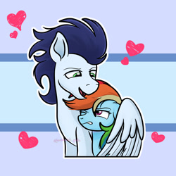 Size: 1280x1280 | Tagged: safe, artist:josieluvpinku, rainbow dash, soarin', pegasus, pony, g4, female, floating heart, heart, hug, male, mare, ship:soarindash, shipping, stallion, straight, tsunderainbow, tsundere, winghug, wings