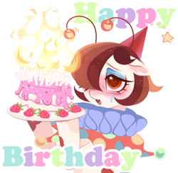 Size: 2080x2034 | Tagged: safe, artist:frowoppy, oc, oc only, oc:illui, oc:illuilux, earth pony, pony, g3, birthday, birthday cake, birthday gift, brown eyes, brown mane, cake, clown, clown makeup, comic sans, cute, cute little fangs, earth, earth pony oc, fangs, food, hat, high res, makeup, party, party hat, pony party, safety, safety pin, solo, starry eyes, strawberry, wingding eyes