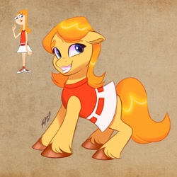 Size: 3508x3508 | Tagged: safe, artist:haruh_ink, earth pony, human, pony, candace flynn, clothes, crossover, floppy ears, grin, high res, phineas and ferb, ponified, shirt, skirt, smiling, solo, unshorn fetlocks