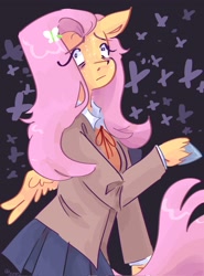 Size: 1519x2048 | Tagged: safe, artist:dmitrymemovznok, fluttershy, pegasus, anthro, g4, arm hooves, clothes, doki doki literature club!, school uniform, solo, yuri (ddlc), yurishy