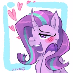 Size: 2048x2033 | Tagged: safe, artist:dmitrymemovznok, starlight glimmer, pony, unicorn, g4, blushing, chest fluff, heart, high res, hoof on cheek, lidded eyes, open mouth, open smile, smiling, solo