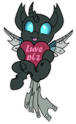 Size: 1125x1836 | Tagged: safe, artist:rokosmith26, oc, oc only, oc:tarsi, changeling, :p, big eyes, blue eyes, changeling horn, changeling oc, changeling wings, chibi, commission, cute, front view, heart, hearts and hooves day, holding, holiday, horn, looking at you, male, simple background, smiling, smiling at you, solo, spread wings, stallion, tongue out, transparent background, underhoof, valentine's day, valentine's day card, wings, ych result